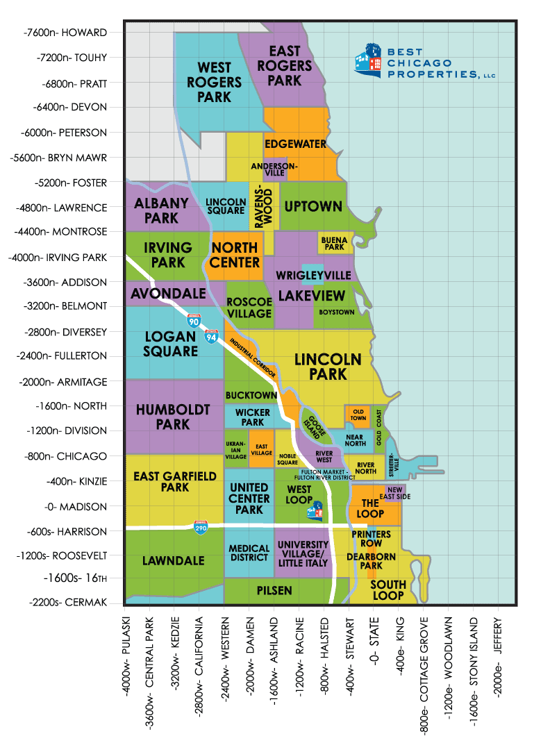 Chicago neighborhood map guide showing chicago neighborhoods with cross streets