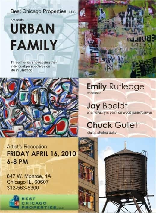 Urban Family - April 16, 2010 - Postcard showing two colorful works of art and one photograph of an old chicago water tower